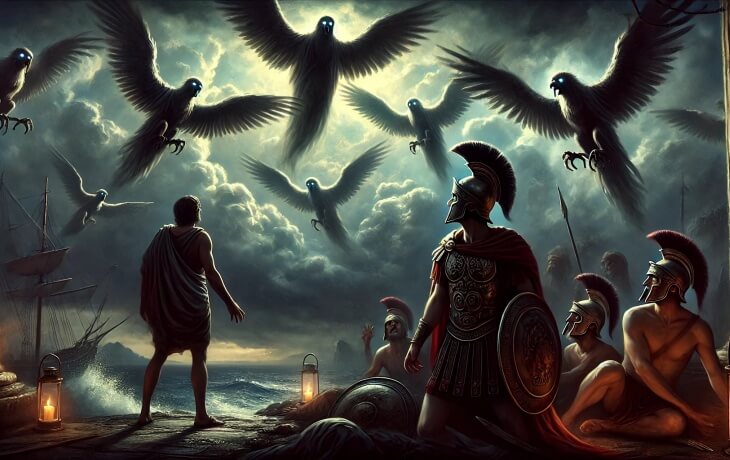 Aeneas ve Troyalılar, Strofades Adaları’nda Harpylerle karşılaşıyor. Karanlık gökyüzünde dehşet verici kanatlı yaratıklar Troyalıları lanetlerken, Aeneas ve adamları korku ve şaşkınlık içinde onlara bakıyor.